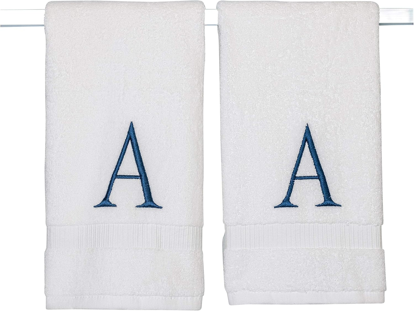 Monogrammed Hand Towels for Bathroom - Luxury Hotel Quality Personalized Initial Decorative Embroidered Bath Towel for Powder Room, Spa - GOTS Organic Certified - Set of 2 Navy Letter A