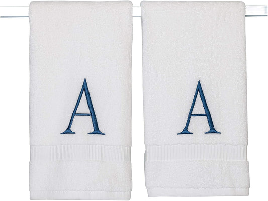 Monogrammed Hand Towels for Bathroom - Luxury Hotel Quality Personalized Initial Decorative Embroidered Bath Towel for Powder Room, Spa - GOTS Organic Certified - Set of 2 Navy Letter A