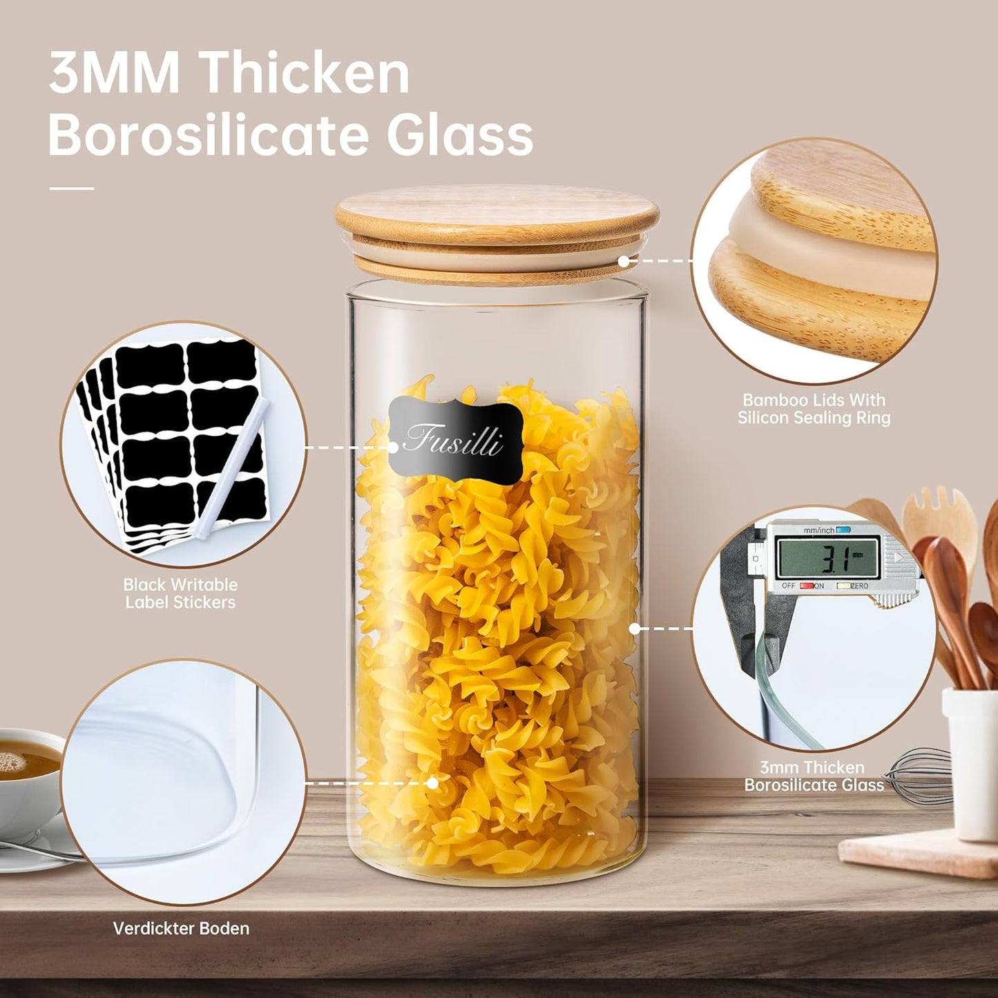 Extra Large Glass Flour and Sugar Storage Containers with Airtight Lids,132 floz x2 [Set of 2] Big Glass Jars with Bamboo Lids, Air Tight Food Storage Jars for Cereal, Pasta, Rice, Coffee