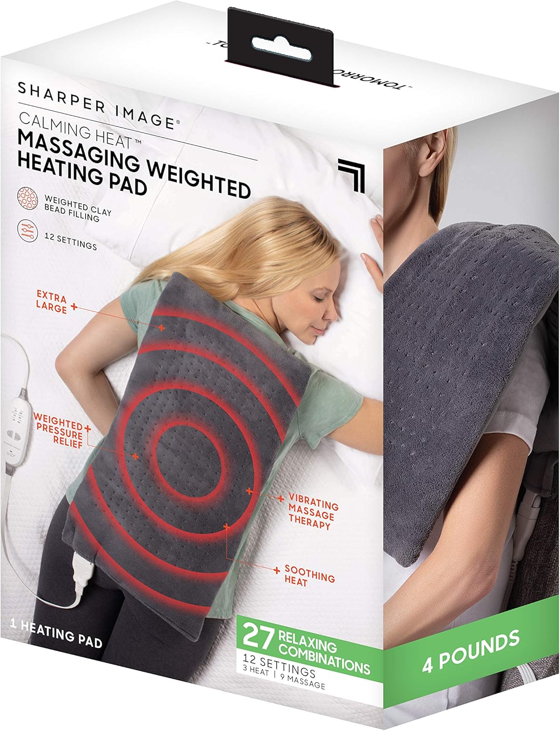 Calming Heat Massaging Weighted Heating Pad by Sharper Image- Electric Heating Pad with Massaging Vibrations, Auto-Off,12 Settings- 3 Heat, 9 Massage- 27 Relaxing Combinations, 12” x 24”, 4lbs
