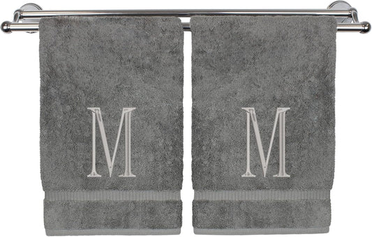 Monogrammed Hand Towel, Personalized Initial Gift, Extra Absorbent 100% Turkish Cotton - Soft Terry Finish - Set of 2 - Silver Block Initial M - Embroidered on Grey Towels