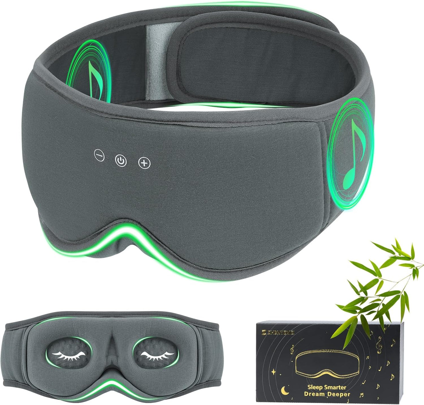 Bamboo Cotton Sleep Mask with Bluetooth Wireless Headphones - Blackout Eye Mask for Sleeping 3D Contoured Sleep Headband Ear Muffs Lengthen & Low Noise Hook for Better Experience (Grey)