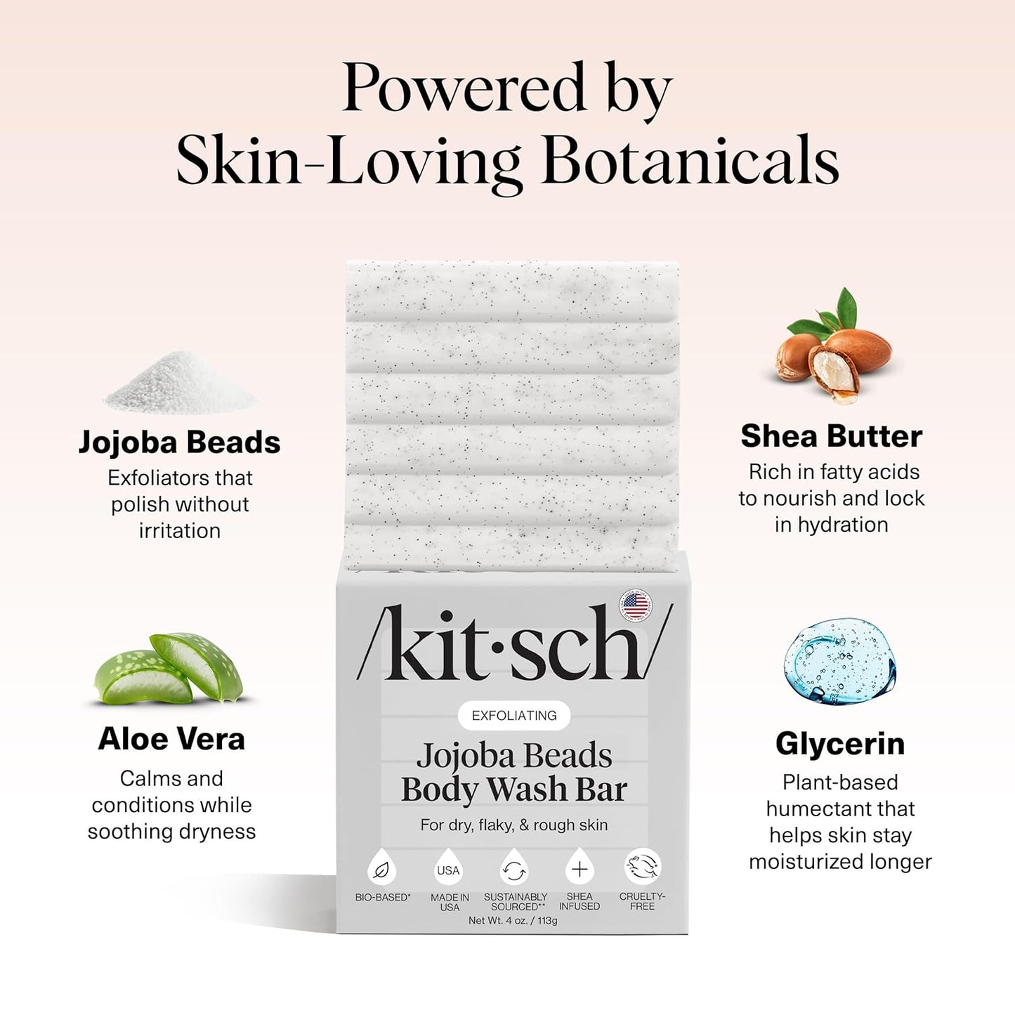 Kitsch Jojoba Beads Exfoliating Body Wash Bar – Nourishing Bar Soap with Shea Butter & Aloe for Dry, Flaky Skin – Soap bar & Body Scrub for Smooth, Refreshed Skin – Rosemary & Cedarwood Scent - 4 oz
