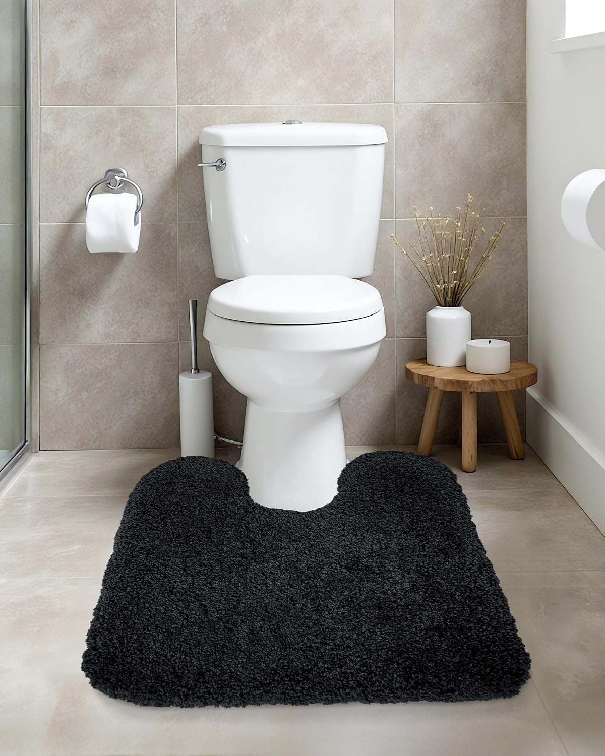 ILANGO Black Toilet Rugs U Shaped 22" × 24" Non Slip & Super Absorbent Extra Thick Soft, Washable Bath Mats for Bathroom Floor, Microfiber Plush Shaggy Contour Bath Rugs for Toilet,Dry Quick