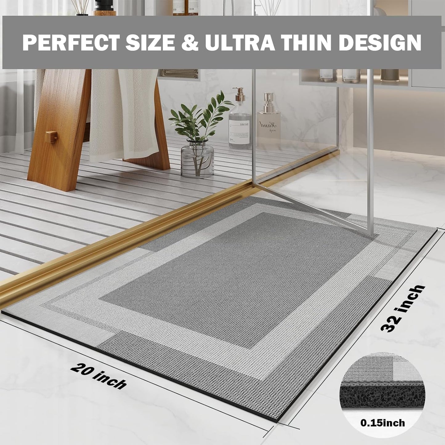 Non Slip Bath Mat, Rubber Backing Ultra Thin Bathroom Rugs Fit Under Door Quick Dry Super Absorbent Washable Bath Rug Shower Mat for Bathroom Floor Bathtub Shower Sink, Easy Care Gray 20"x 32"