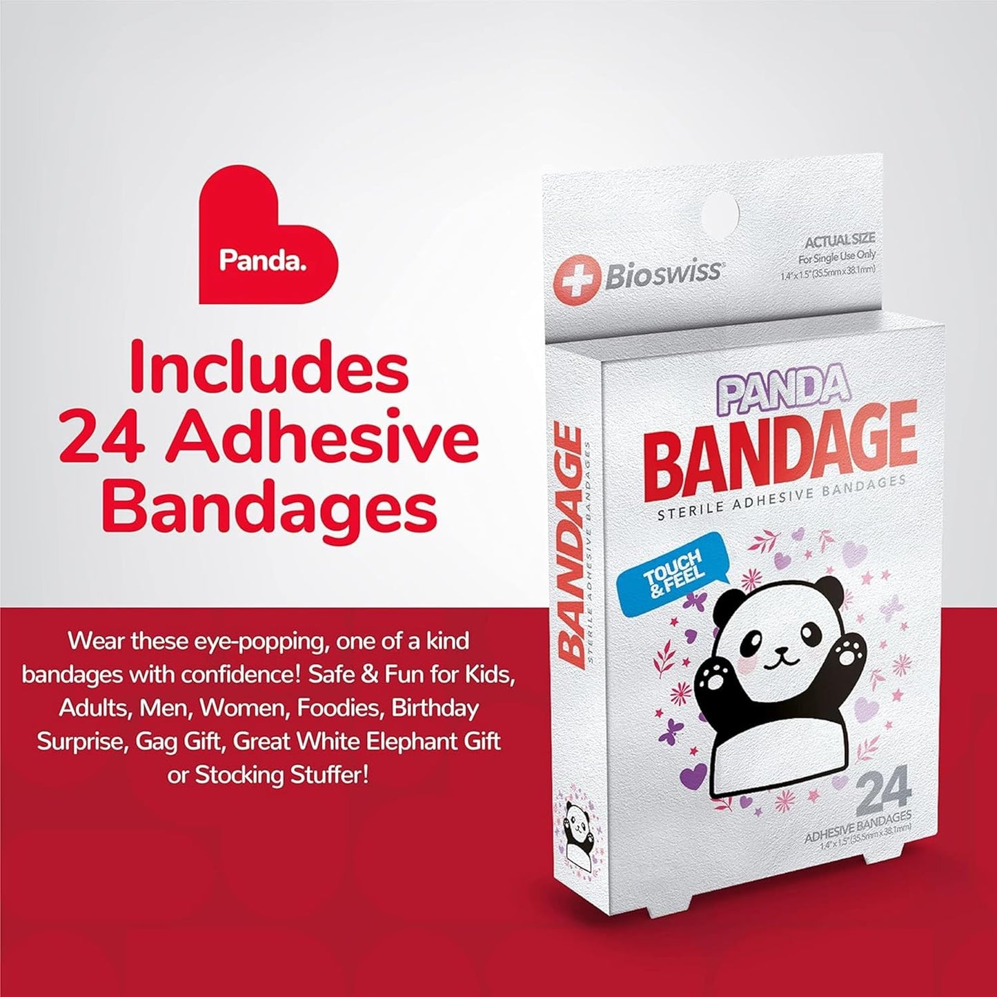 BioSwiss Kids Bandages, Panda Shaped Self Adhesive Bandage Set, Latex Free, Sterile Wound Care, 24 Count