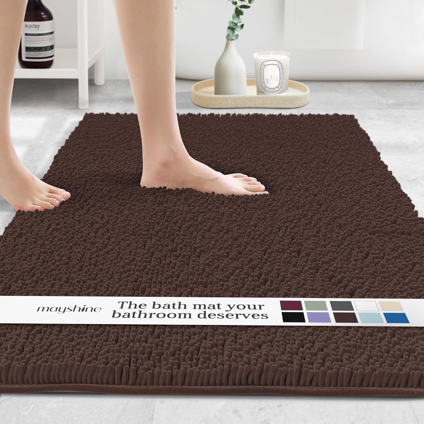 MAYSHINE Plush Shaggy Chenille Bath Mat | Extra Soft, Super Absorbent, Non-Slip Bathroom Rug | Fluffy Microfiber, Area Rug Sets for Bathroom Floor, Kitchen, Living Room | 59"x31" | Brown