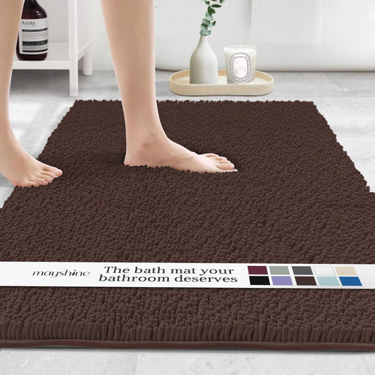 MAYSHINE Plush Shaggy Chenille Bath Mat | Extra Soft, Super Absorbent, Non-Slip Bathroom Rug | Fluffy Microfiber, Area Rug Sets for Bathroom Floor, Kitchen, Living Room | 59"x31" | Brown