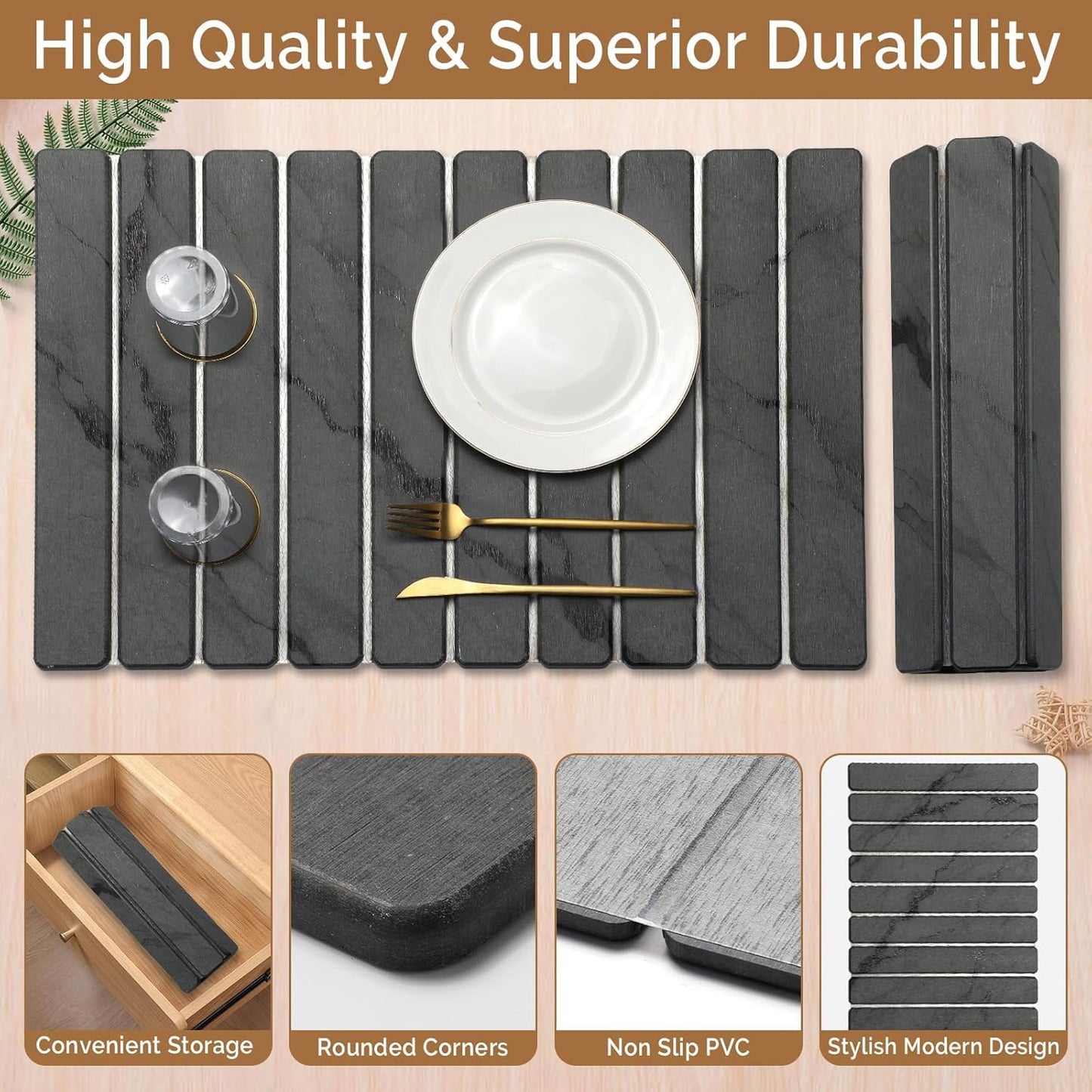 2 PCS Large Stone Dish Drying Mat for Kitchen Counter,Quick Dry Stone Dishes Mats,Marbled Water Absorbing Diatomaceous Earth Drying Pad for Countertop Bottles Utensils Cups（Dark Gray 24"×16" & 8"x4"）