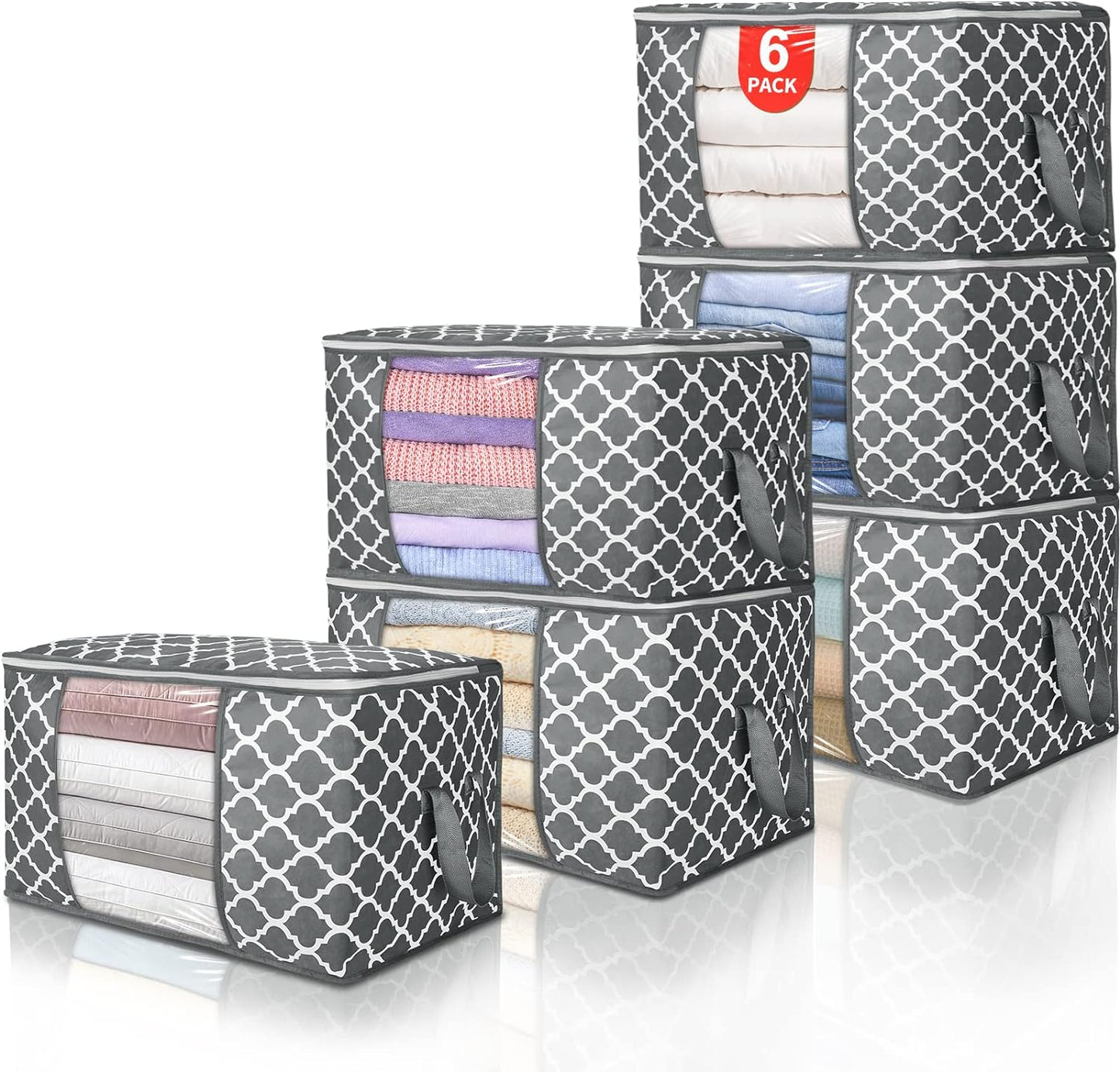 90 L Large Storage Bag Clothes Storage Organizer with Durable Handles for Closet Storage, Comforter, Blanket, Clothing, Bedding and Toys 6 Pack