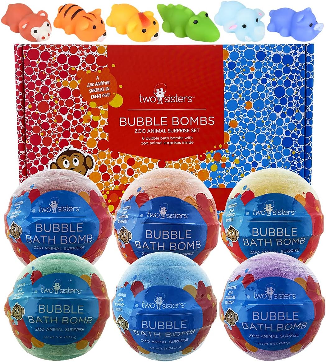 Zoo Animal Bath Bombs for Kids with Surprise Toys Inside (6 Pack) - Gentle and Safe, USA Made, Large Bubble Bomb & Ideal Gift for Boys & Girls by Two Sisters