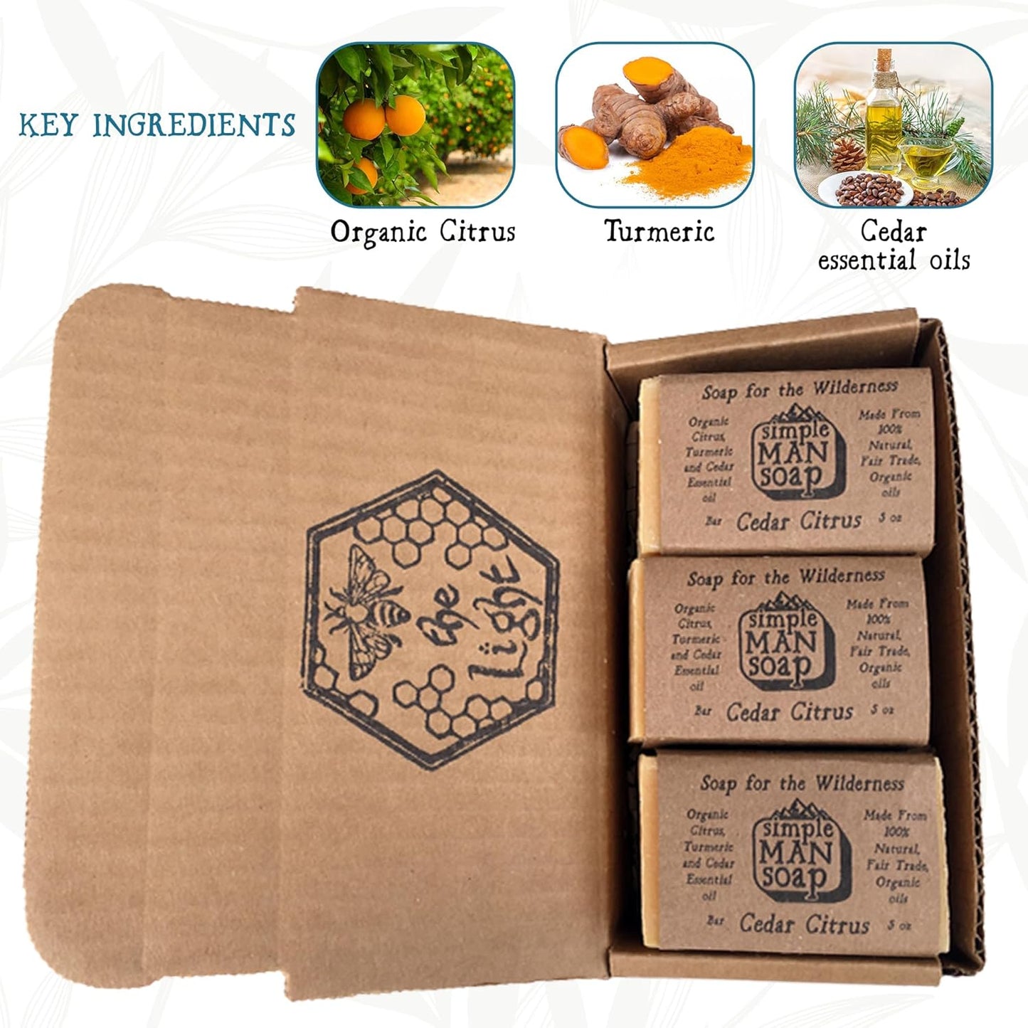 SimpleMan Soap Bar (Cedar Citrus) - Men’s soap with Organic & Fair Trade Essential Oils - All Natural, Handmade Man Bath Soap Bars-Pack of Six 2.5 Ounce bars(15 Ounces Total)