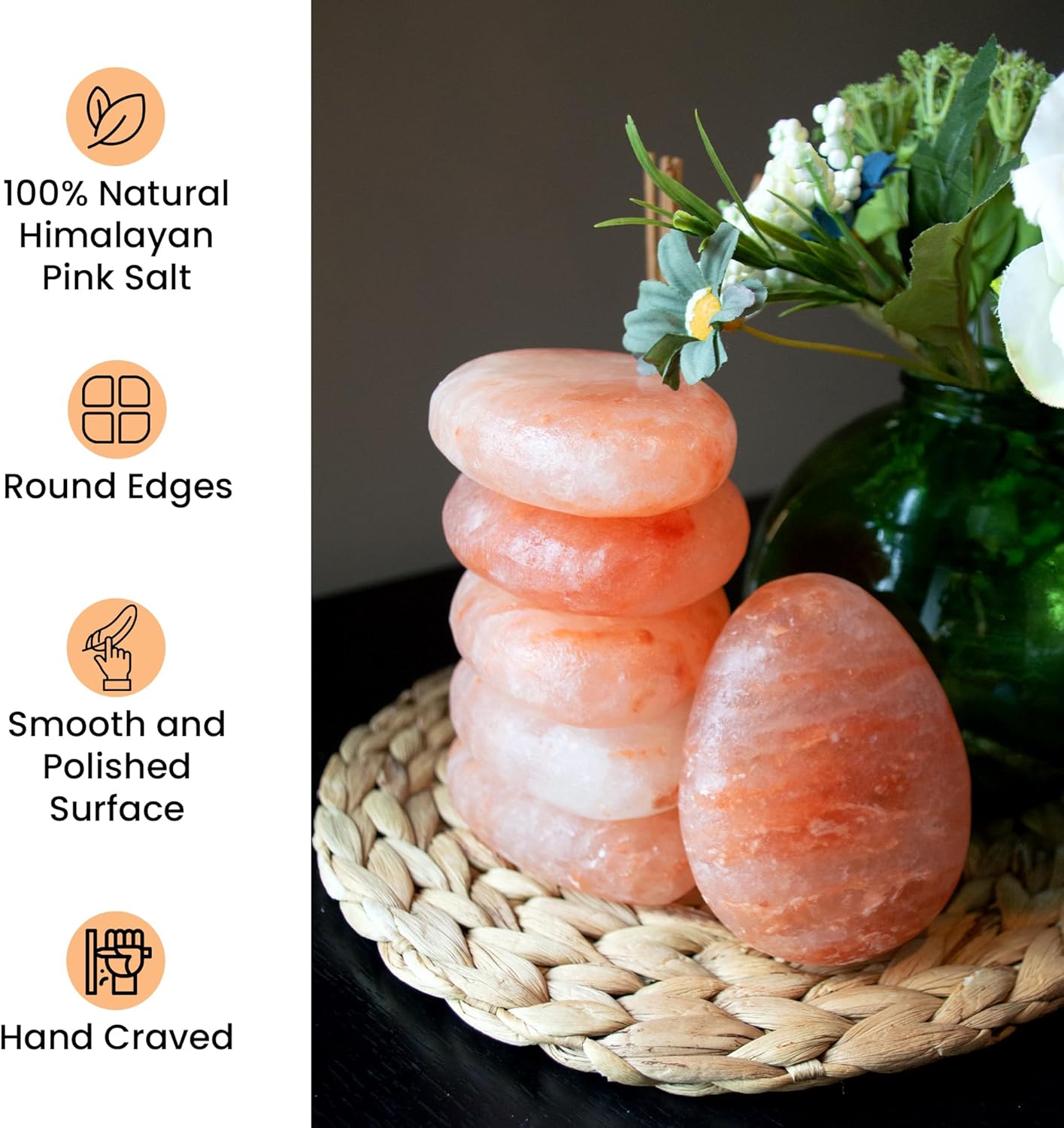 POHS Pack of 6 Flat Oval Massage Stone, Deodorant Stone, Pink Crystal Hand -Carved hot & Cold for Massage Therapy