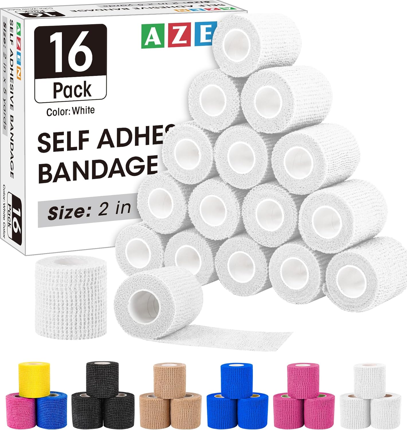 AZEN 16 Pack Self Adhesive Bandage Wrap Pink, 2" X 5 Yards Elastic Cohesive Bandage Wrap, Athletic Tape, Vet Wrap, Ankle Tape, Tattoo Grip Tape Wrap (White)