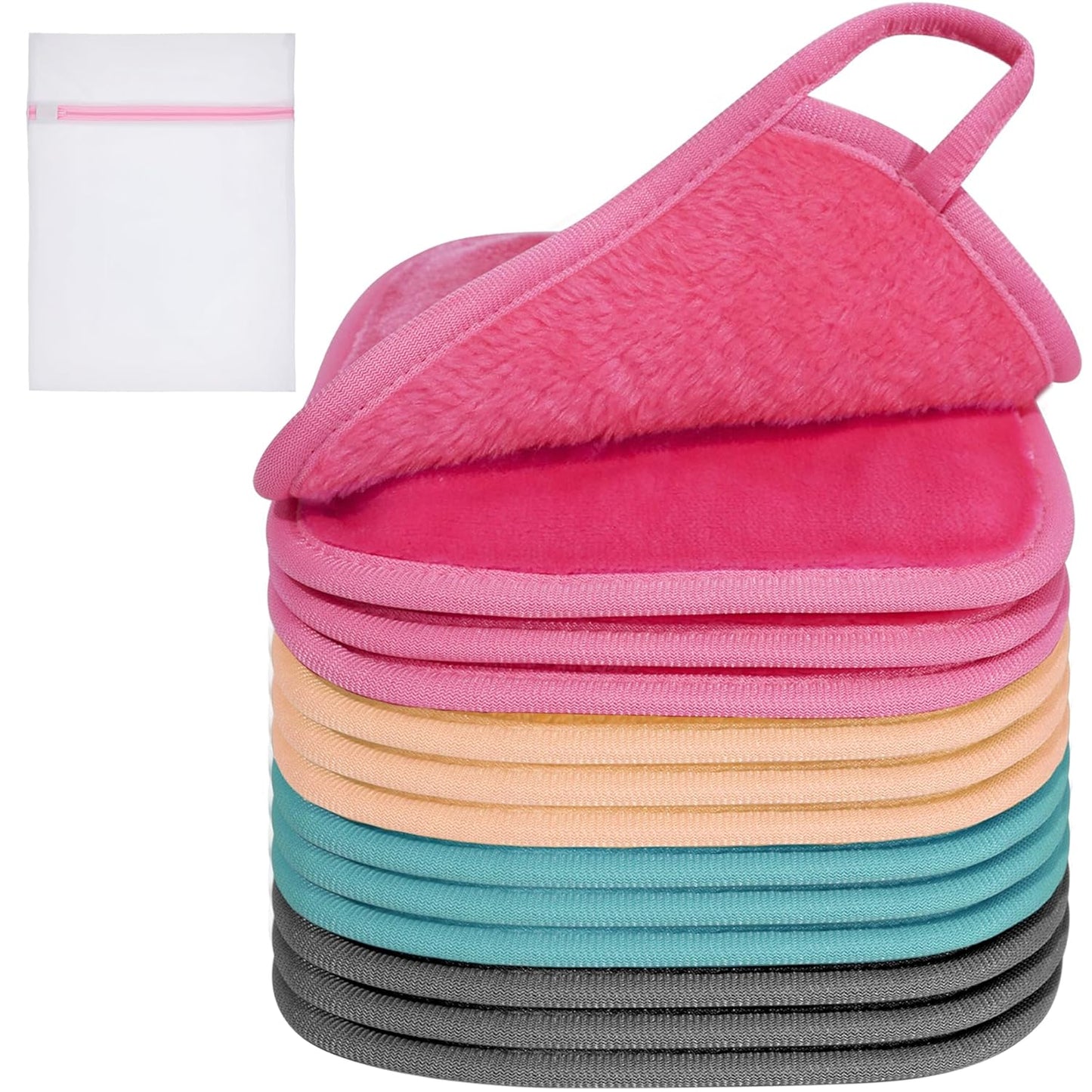 KODAMO Makeup Remover Cloth, 12 Pack Reusable Makeup Remover Towels with Washable Travel Bag, Microfiber Face Wash Cloths for Women All Skin Types, Coral/Pink/Green/Grey