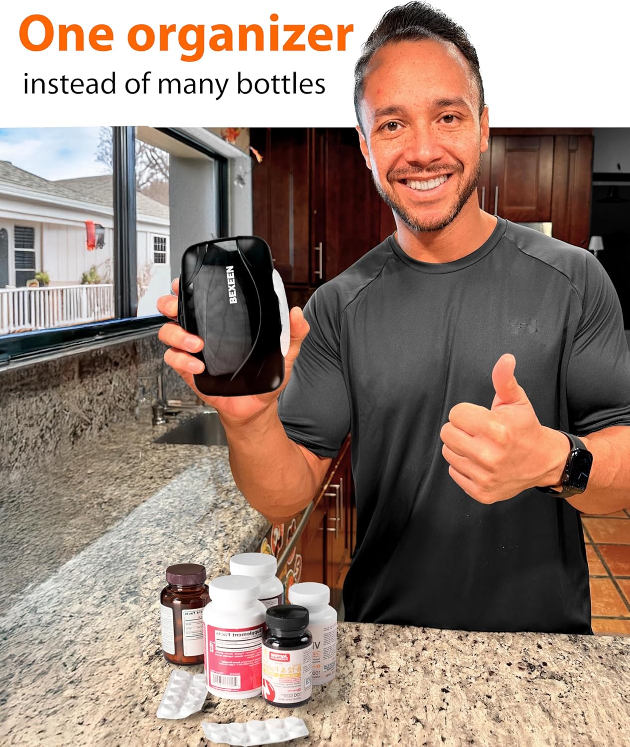 Travel Pill Organizer - Airtight Medicine Case for Traveling Portable Pharmacy Box with Labels Vitamin Container 8 Compartment Supplement Medication Holder Large Capacity Daily (Black)