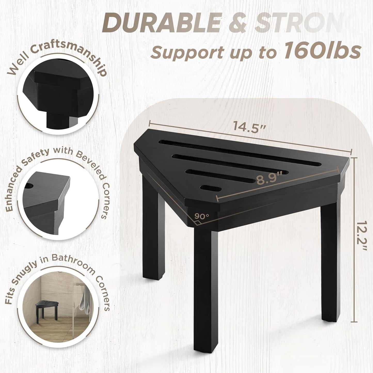 BLUEWEST Shower Foot Stool for Shaving Legs, Acacia Wood Shower Foot Rest (Black, Corner Seat)