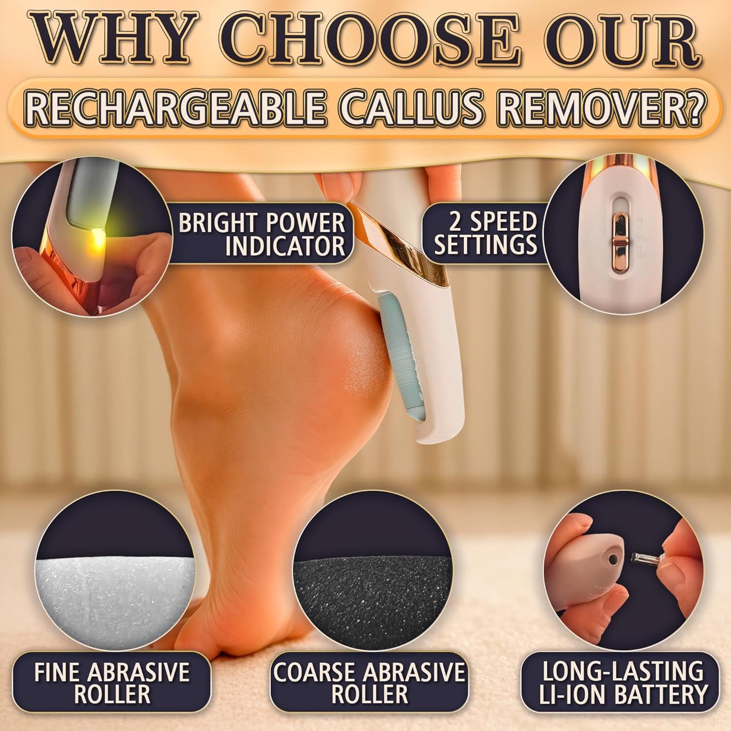 Electric Callus Remover for Feet – Rechargeable Electric Foot Callus Remover Tool with 2-Speed Foot Sander with 2 Rollers (Coarse & Fine) for Smooth & Soft Feet – Compact for Daily & Travel Use