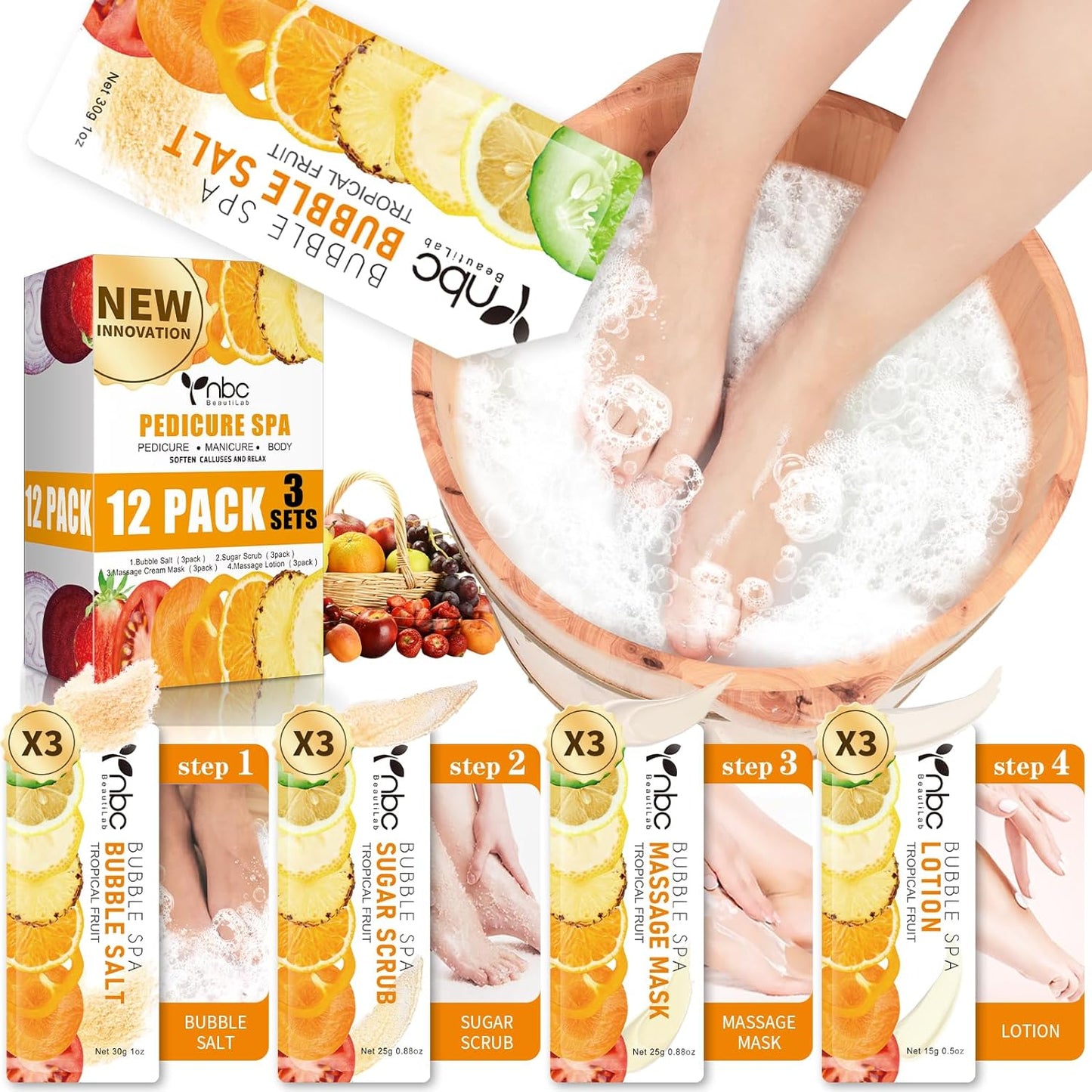 Pedicure Kit Foot Soak Set: Bubble Salt, Sugar Scrub, Massage Mask, Massage Lotion in a Box, 4 Step Foot Spa Kit for Dry Feet,Tired Feet（3 Set Tropical Fruit)