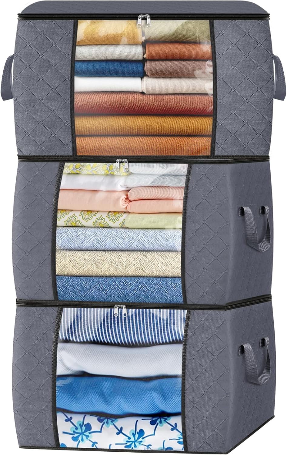 Fab totes 24 Gallons Clothes Storage, Foldable Thick Fabric Blanket Storage Bags, Containers for Organizing Bedroom, Closet, Clothing, Comforter, Organization with Handle (3 Pack,Grey)