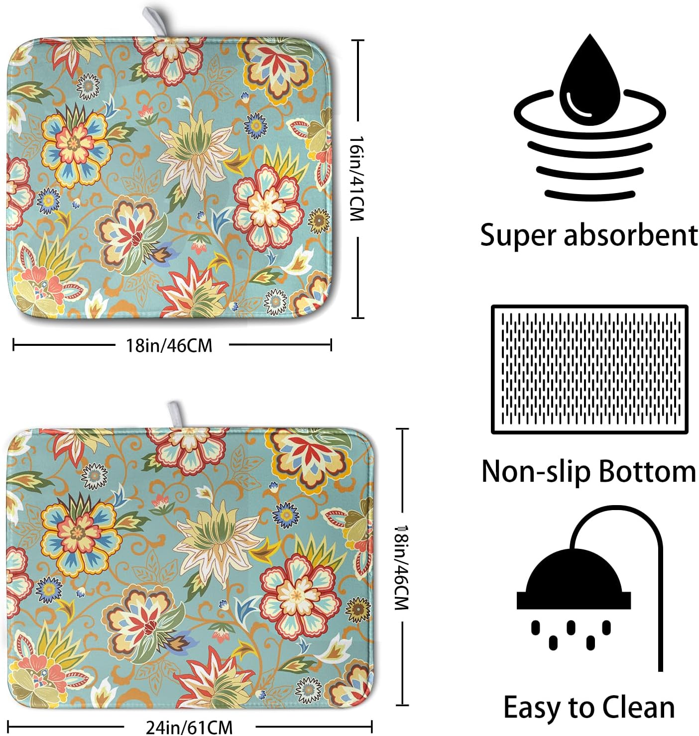 Boho Floral Kitchen Dish Drying Mat for Dishes 18x24 Inch Vintage Mandala Colorful Flowers Drying Mat Green Bohemian Dish Drainer Mat Super Absorbent Dish Rack Pad for Coffee Bar Sinks