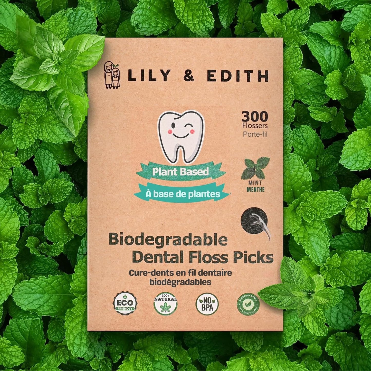 LILY & EDITH Biodegradable Dental Floss Picks Adults and Kids 300 Counts, Fluoride-Free, Plant Based Straw Wheat Material, Zero Waste Package, Shred Resistant (Mint)