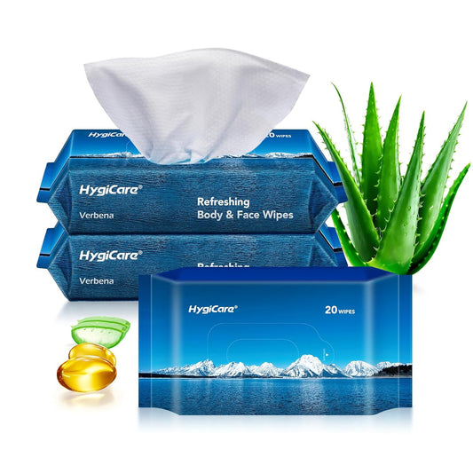 Bamboo Body & Face Wipes for Adults Bathing No Rinse, Shower Wipes 60 Count, 12"x8" Extra Thick, Verbena Scent, Biodegradable Disposable Washcloths for Travel, Elderly, Car, Gym, Camping