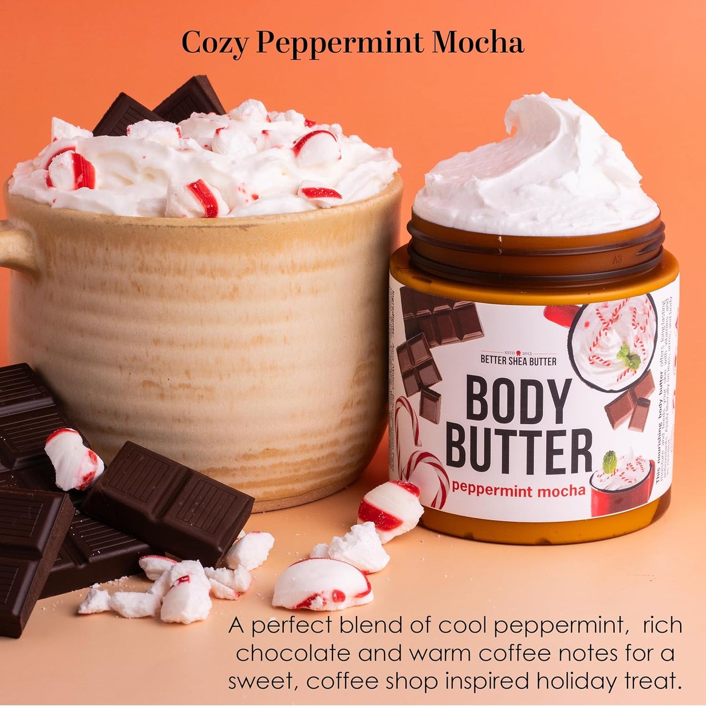 Peppermint Mocha Body Butter with Raw Shea Butter and Jojoba Oil, Holiday Body Moisturizer for Dry Skin, Christmas Lotion, Limited Edition