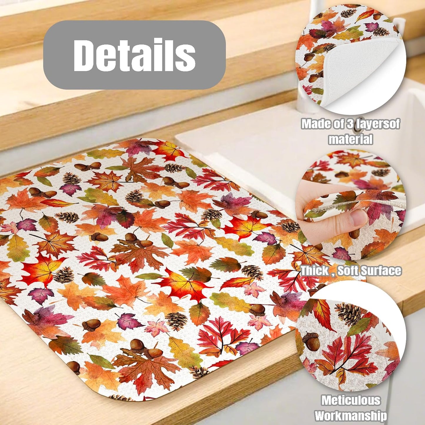 Dish Drying Mat for Kitchen Counter Large 16" x 18" Fall Leaves Absorbent Microfiber Dishes Drainer Rack Mats Pad Reusable Washable