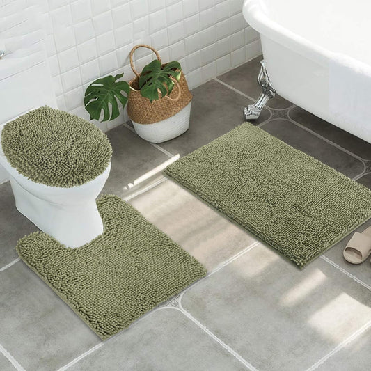 ITSOFT 3pc Non-Slip Shaggy Bathroom Mat Set, Includes 24 x 21 Inches U-Shaped Contour Toilet Rug, 34 x 21 Inches Bathmat and 1 Toilet Lid Cover, Sage Green