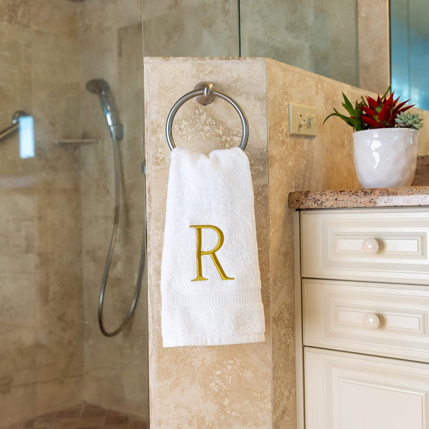Monogrammed Hand Towels for Bathroom - Luxury Hotel Quality Personalized Initial Decorative Embroidered Bath Towel for Powder Room, Spa - GOTS Organic Certified - Set of 2 Gold Letter R