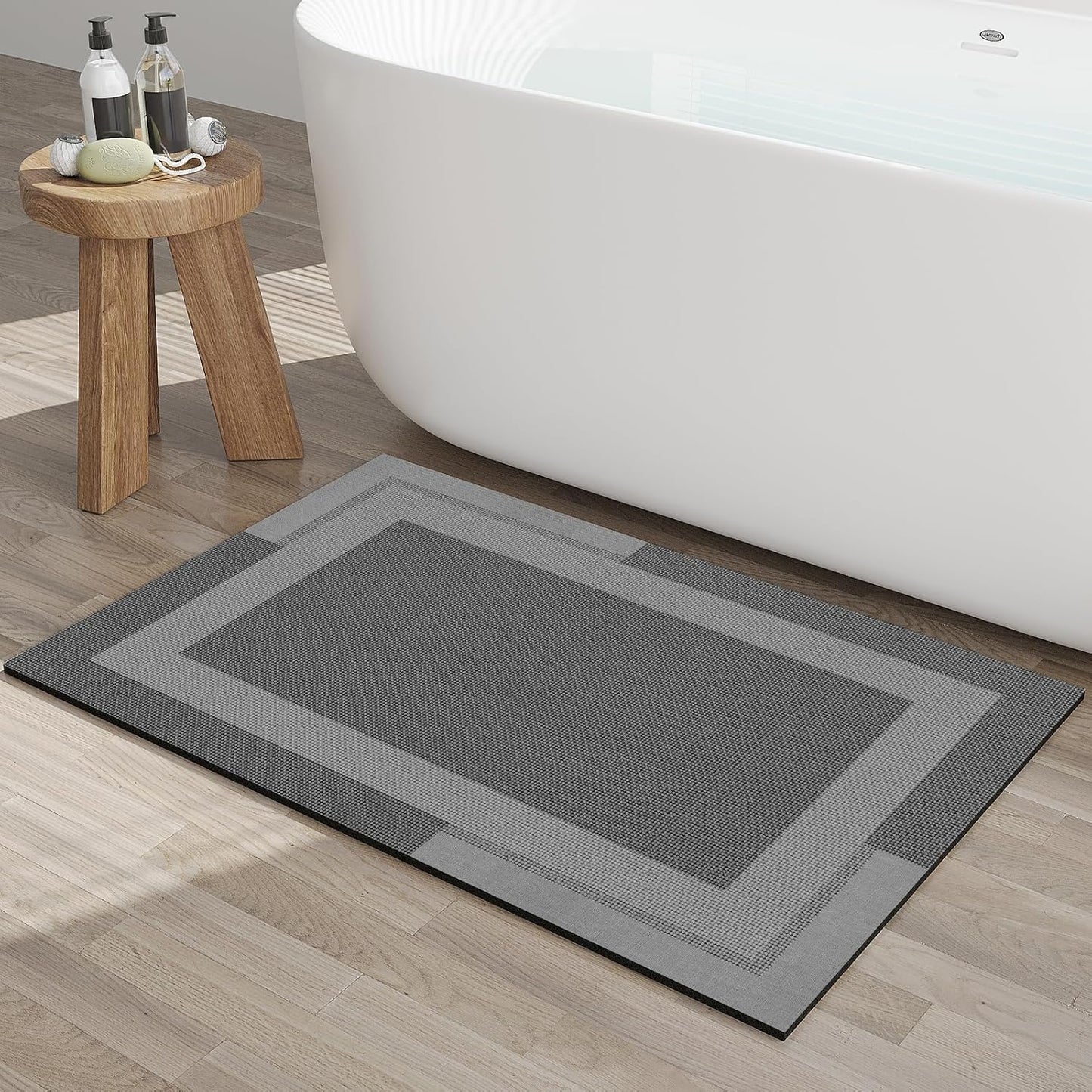 Non Slip Bath Mat, Rubber Backing Ultra Thin Bathroom Rugs Fit Under Door Quick Dry Super Absorbent Washable Bath Rug Shower Mat for Bathroom Floor Bathtub Sink, Easy Care Dark Grey 16"x24"