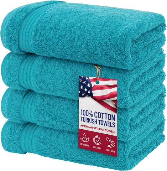 American Veteran Towel, Hand Towels for Bathroom Set of 4, 100% Cotton Turkish Hand Towel Sets, Soft Hand Face Towels, Aqua Blue Hand Towels