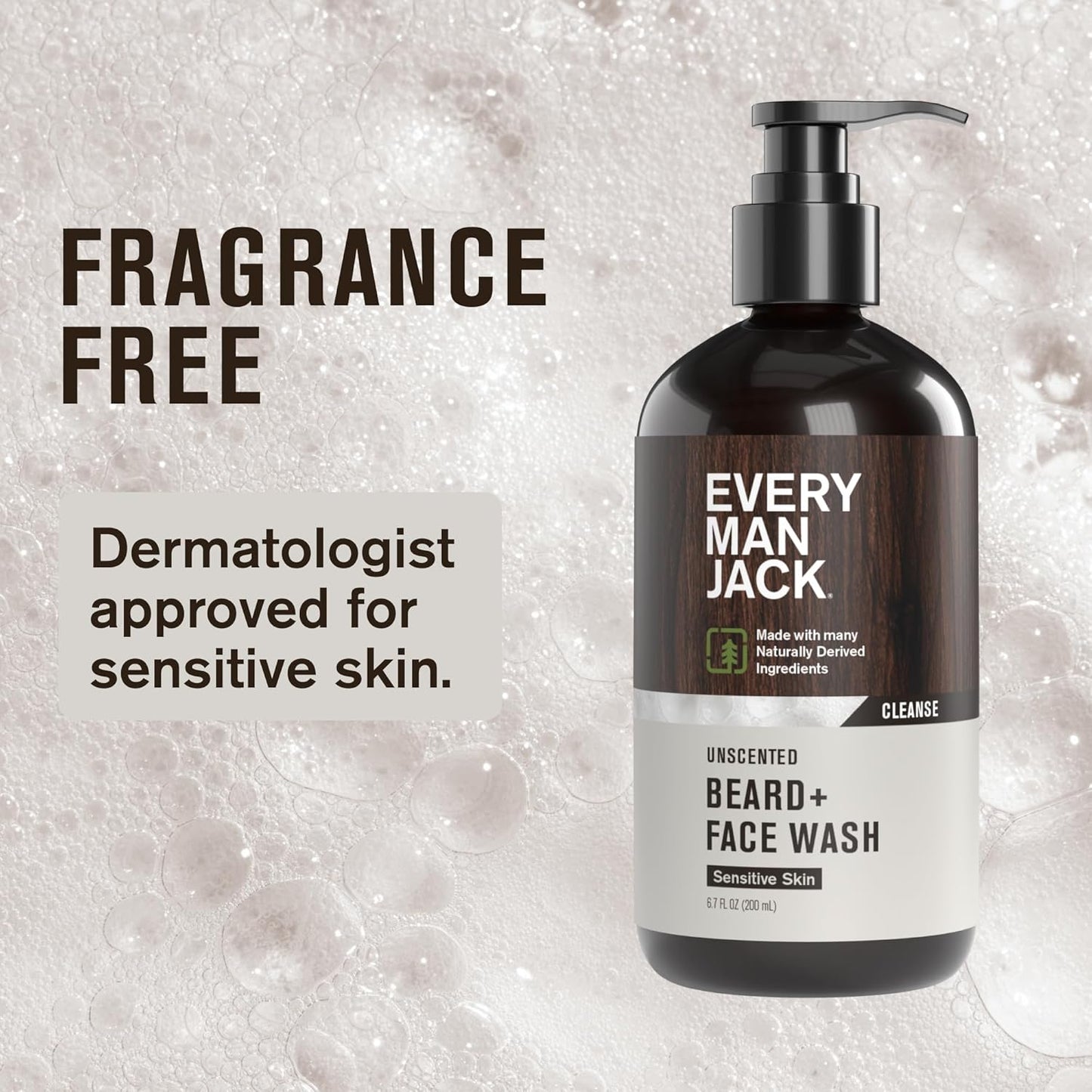 Every Man Jack Unscented Beard + Face Wash - Fragrance Free for Sensitive Skin - Naturally Cleanse and Condition Your Beard and Skin - 6.7-ounce (2 pack)