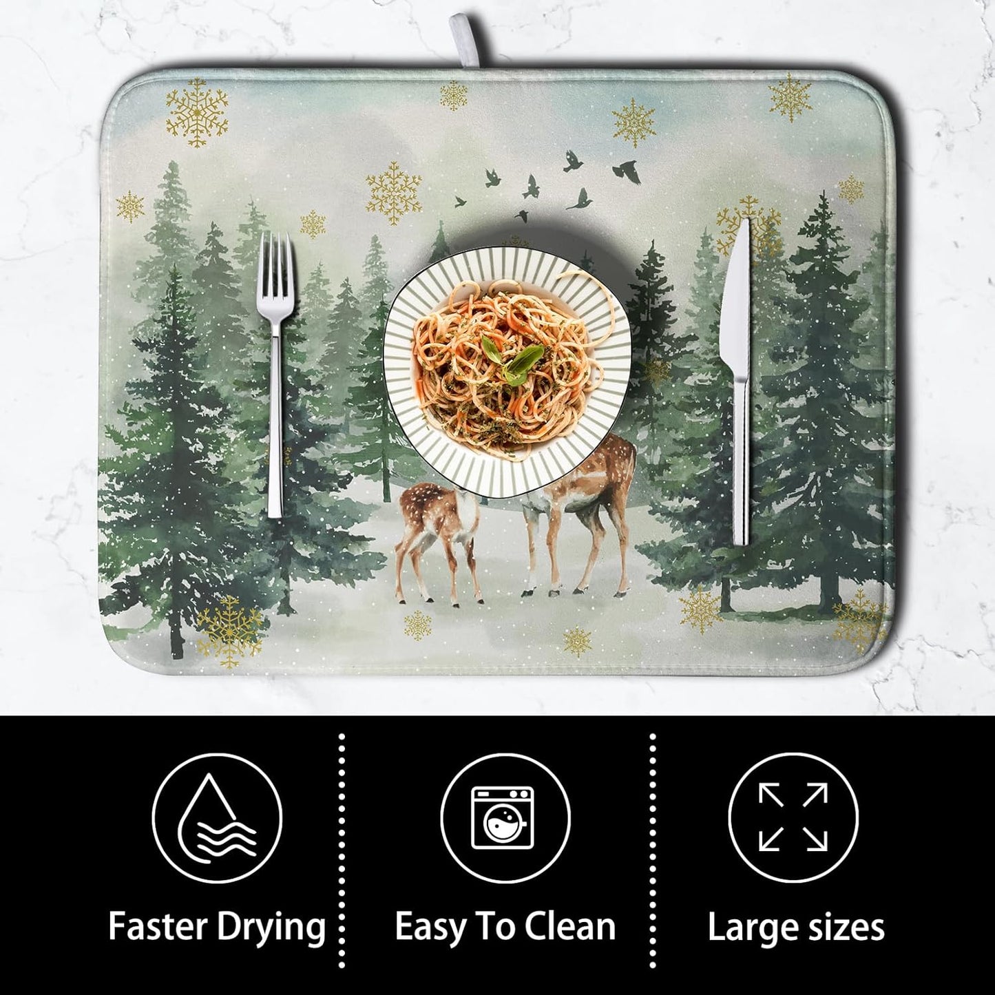 Reindeer Tree Snowflakes Christmas Dish Drying Mats for Kitchen Counter 16x18 Inch Winter Forest Dish Drainer Mats Absorbent Reversible Dish Draining Microfiber Dishes Drying Pad