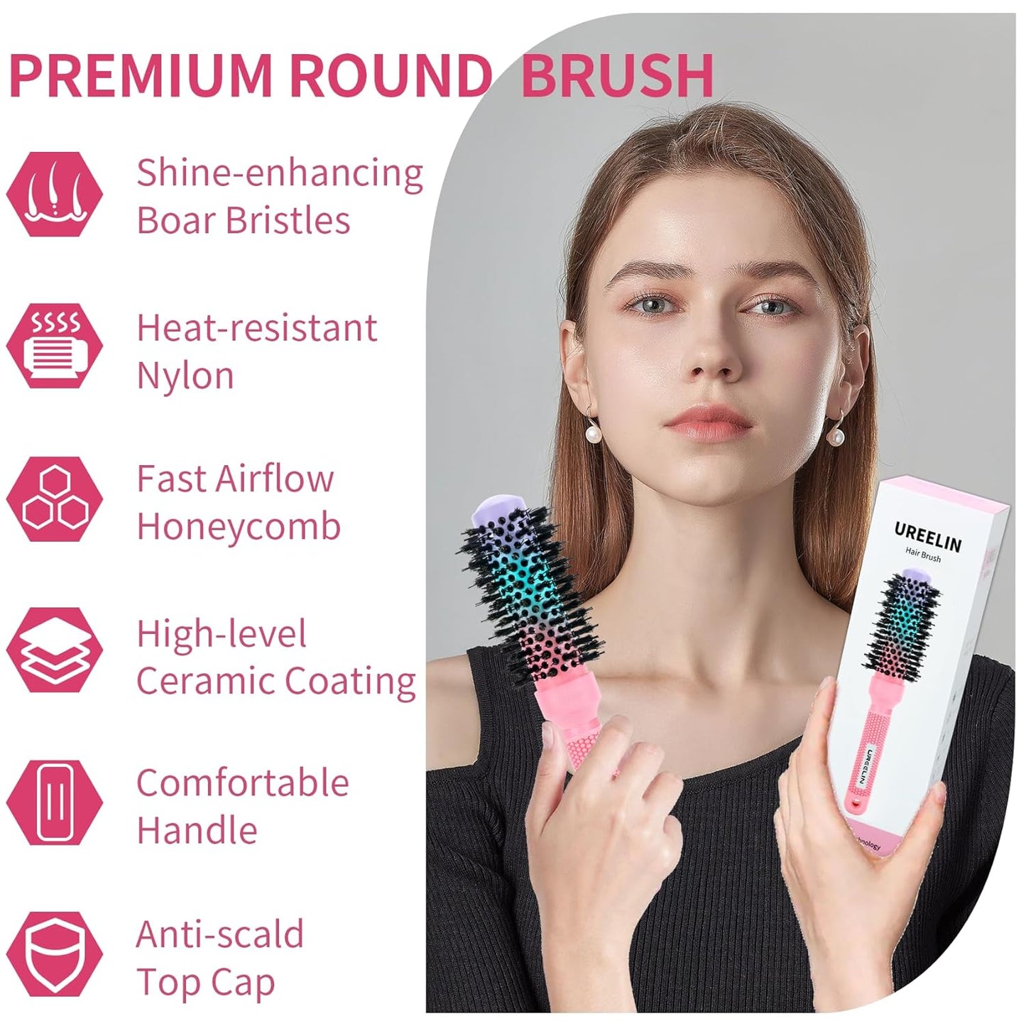 Round Brush for Blow Out - 1.3 Inch Small Nano Thermal Ceramic & Ionic with Boar Bristles - Salon Blow Drying Hair Brush for Drying,Volumizing, Curling, Shine & Smooth Styling