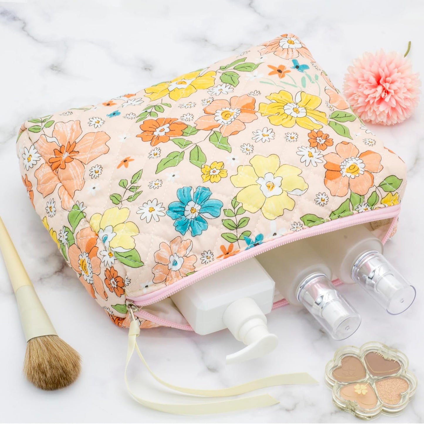 PAZIMIIK Quilted Makeup Bag Large Travel Zipper Soft Cosmetic Pouch for Women Girls Make Up,Floral Orange