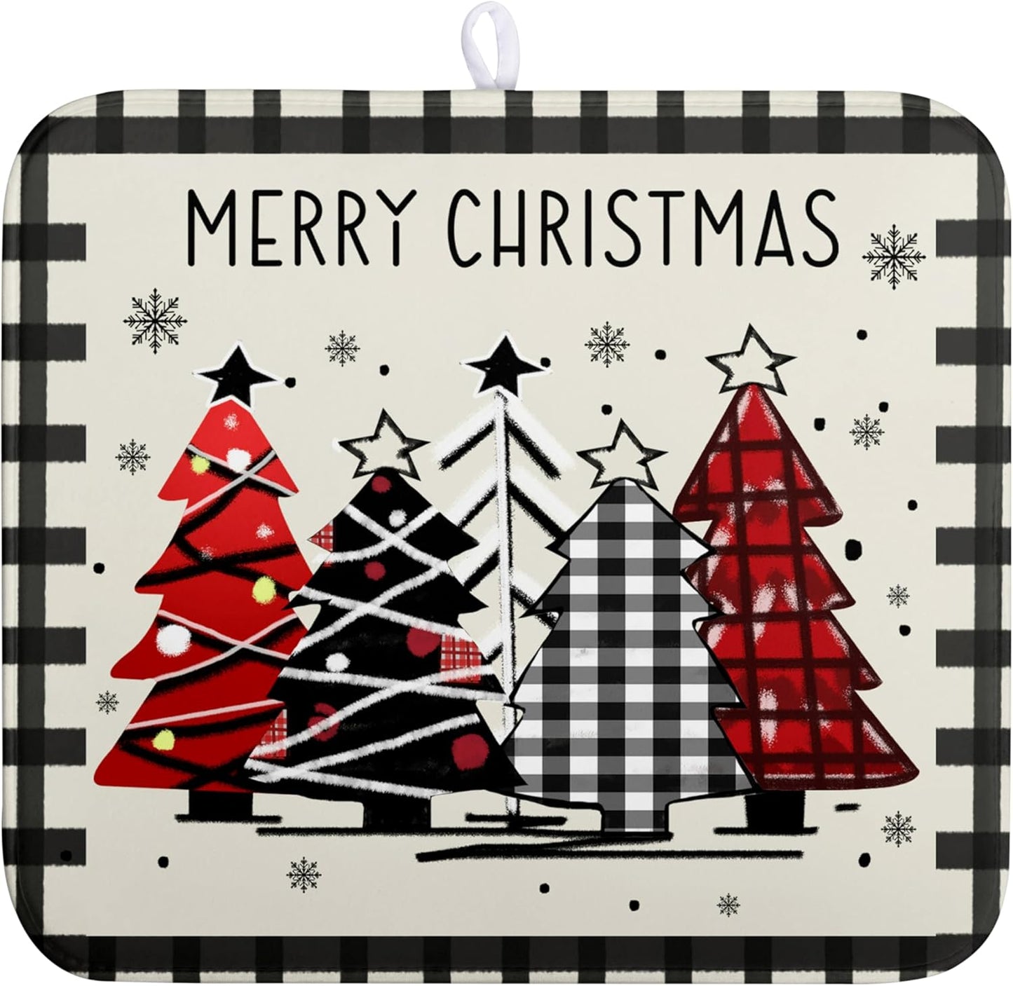 Merry Christmas Dish Drying Mats for Kitchen Counter 16x18 Buffalo Plaid Christmas Tree Microfiber Absorbent Drying Mat Seasonal Winter Holiday Drying Pad Dish Drainer Mat for Coffee Bar Sinks
