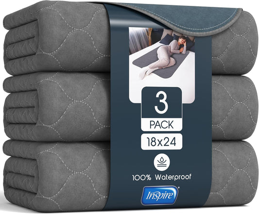 Inspire Underpads | Stain Hiding Gray Reusable Incontinence Bed Pads | Waterproof Mattress Pad | for Adults Babies and Dogs (18 X 24 - 3 Pack)