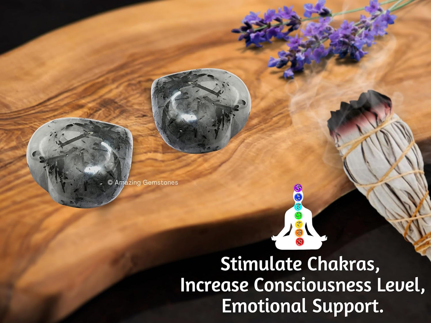 Amazing Gemstone Black Rutilated Quartz Crystal Heart Palm Stone - Pocket Massage Worry Stone for Natural Body Chakra Balancing, Reiki Healing and Crystal Grid