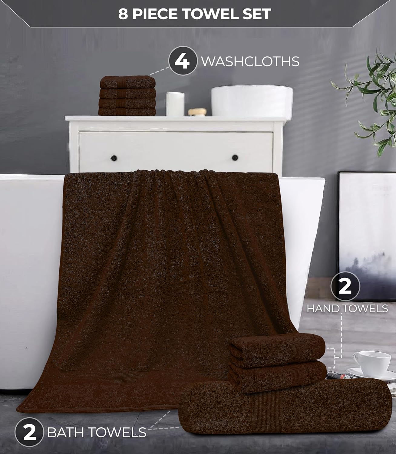 Softolle Luxury 8 Piece Towel Set, 2 Bath Towels 2 Hand Towels 4 Washcloths, Towels for Bathroom, Home, Spa & Gym - Highly Absorbent (Brown)