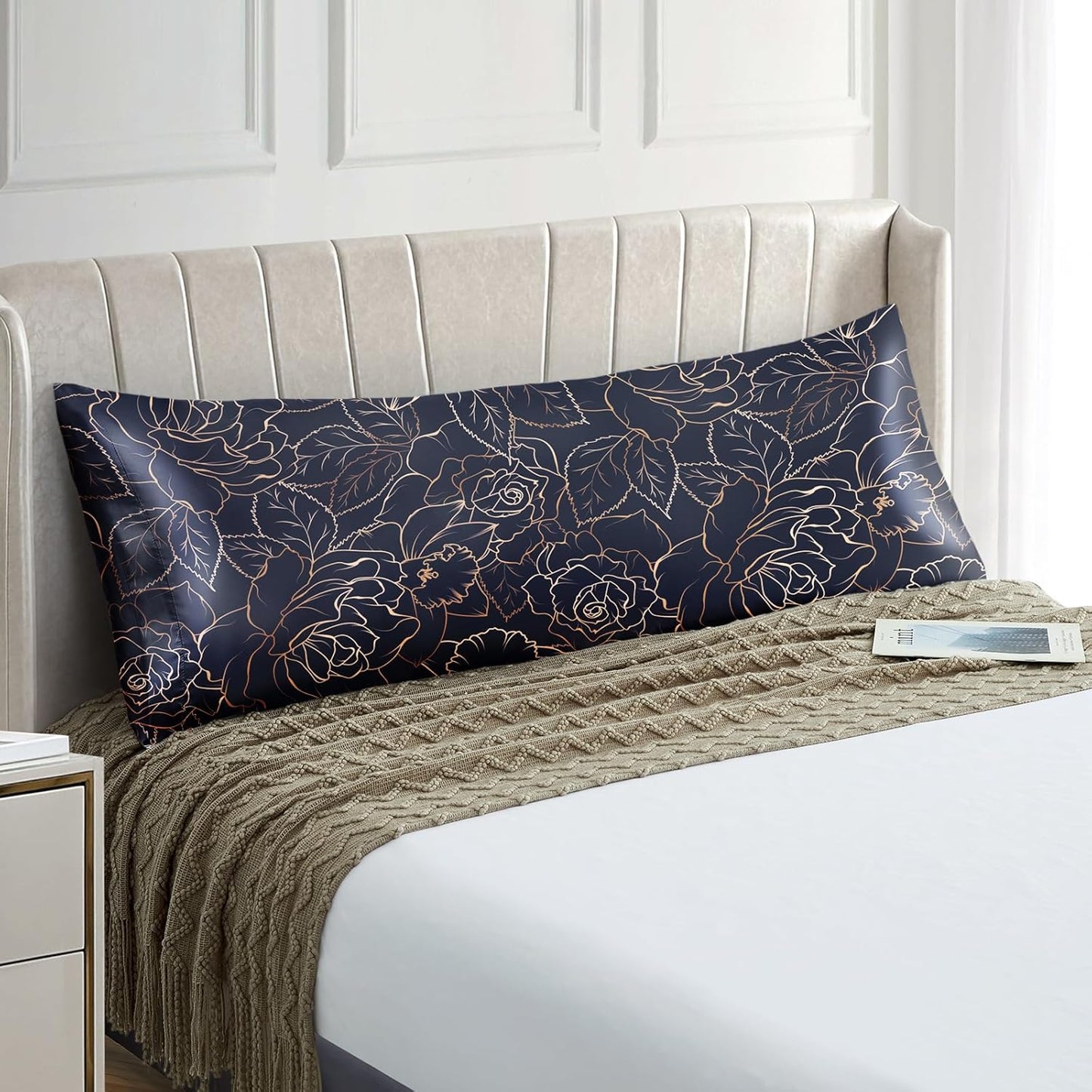 EXQ Home Satin Body Pillowcase for Hair and Skin- Rose on Blue Silk Long Pillowcase 20x54 inches - Satin Pillow Cases with Envelope Closure, Gifts for Women