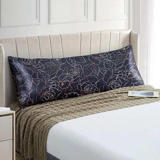 EXQ Home Satin Body Pillowcase for Hair and Skin- Rose on Blue Silk Long Pillowcase 20x54 inches - Satin Pillow Cases with Envelope Closure, Gifts for Women