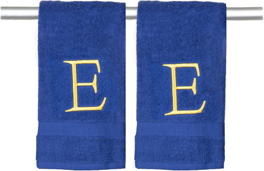 Navy Monogram Hand Towel for Bathroom - Monogrammed Initial Hotel Quality Decorative Embroidered Luxury Towel for Powder Room, Spa - GOTS Organic Certified - Set of 2 Letter E