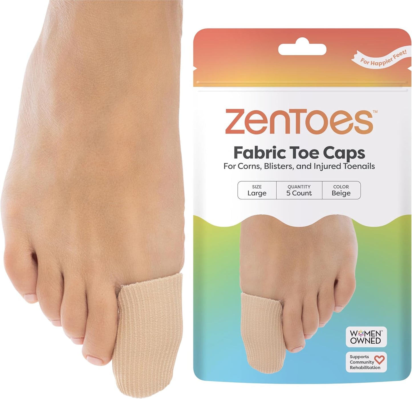 ZenToes Fabric Toe Protectors | Promotes Skin Hydration & Blister Prevention | Medical-Grade Gel Lining | Washable & Reusable Corn, Callus & Ingrown Toenail Relief Between Toes | Large, 5-Pack