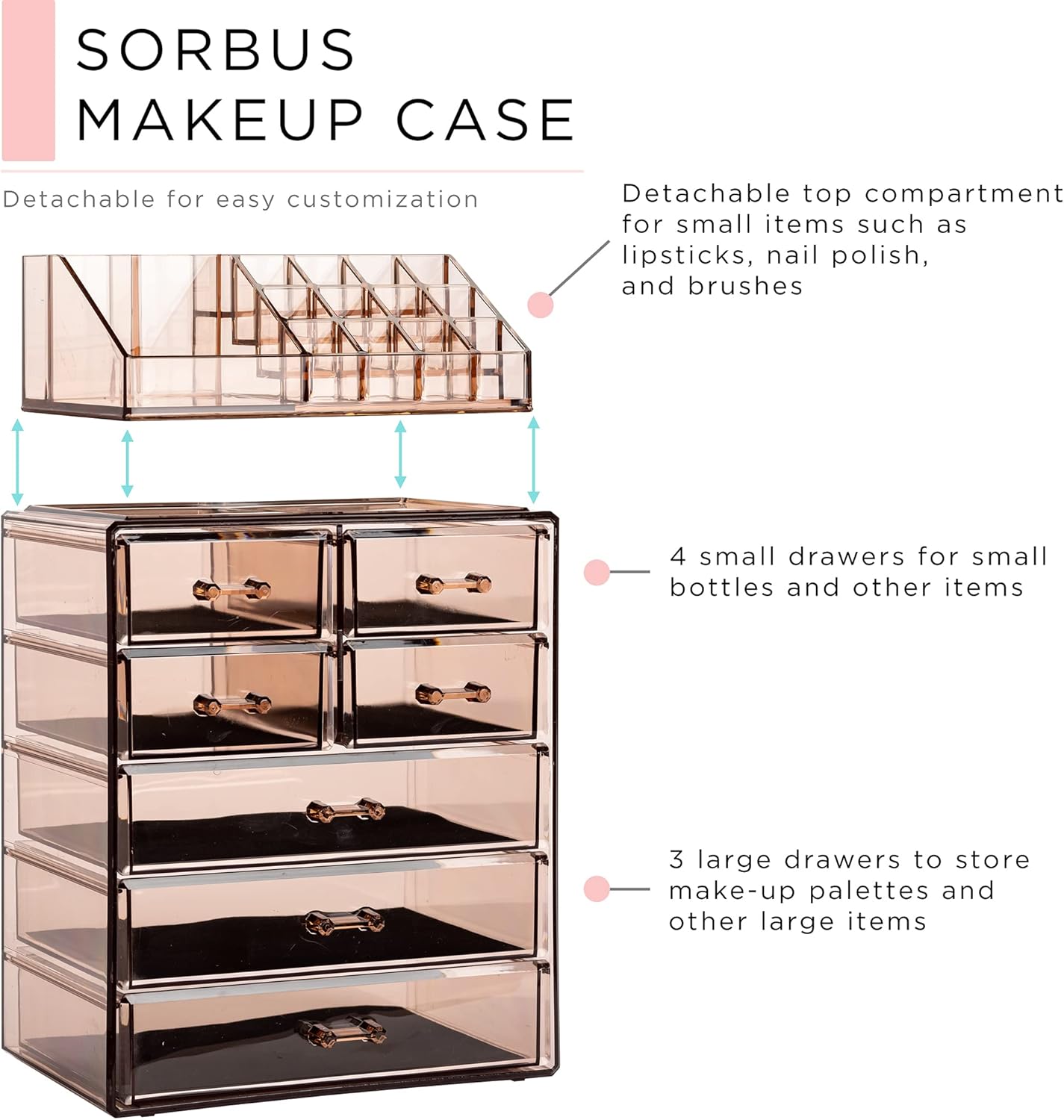 Sorbus Acrylic Makeup Organizer Set, 7-Drawer Vanity & Countertop Cosmetic Storage with Small & Wide Compartments, Bronze Glow Makeup Storage for Brushes, Jewelry – Holiday Gift for Women & Teens