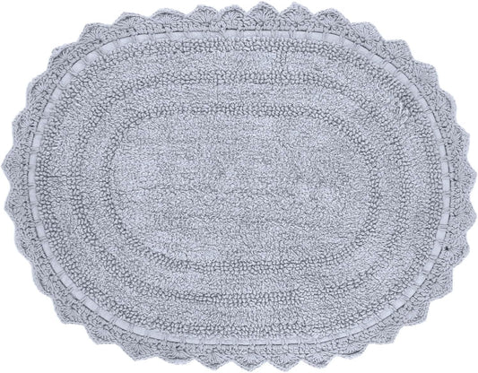 RAJRANG Bath mat for Bathroom Kitchen and Spa with Crochet Pattern Cotton Absorbent Soft Reversible Light Grey Bath Rug Oval 24x17 Inches
