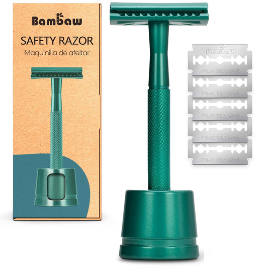 Bambaw Double Edge Close Comb Safety Razor with Stand, Shaving Razor for Men with 5 Safety Razor Blades, Reusable Eco Freindly DE Metal Razor – Sea Green