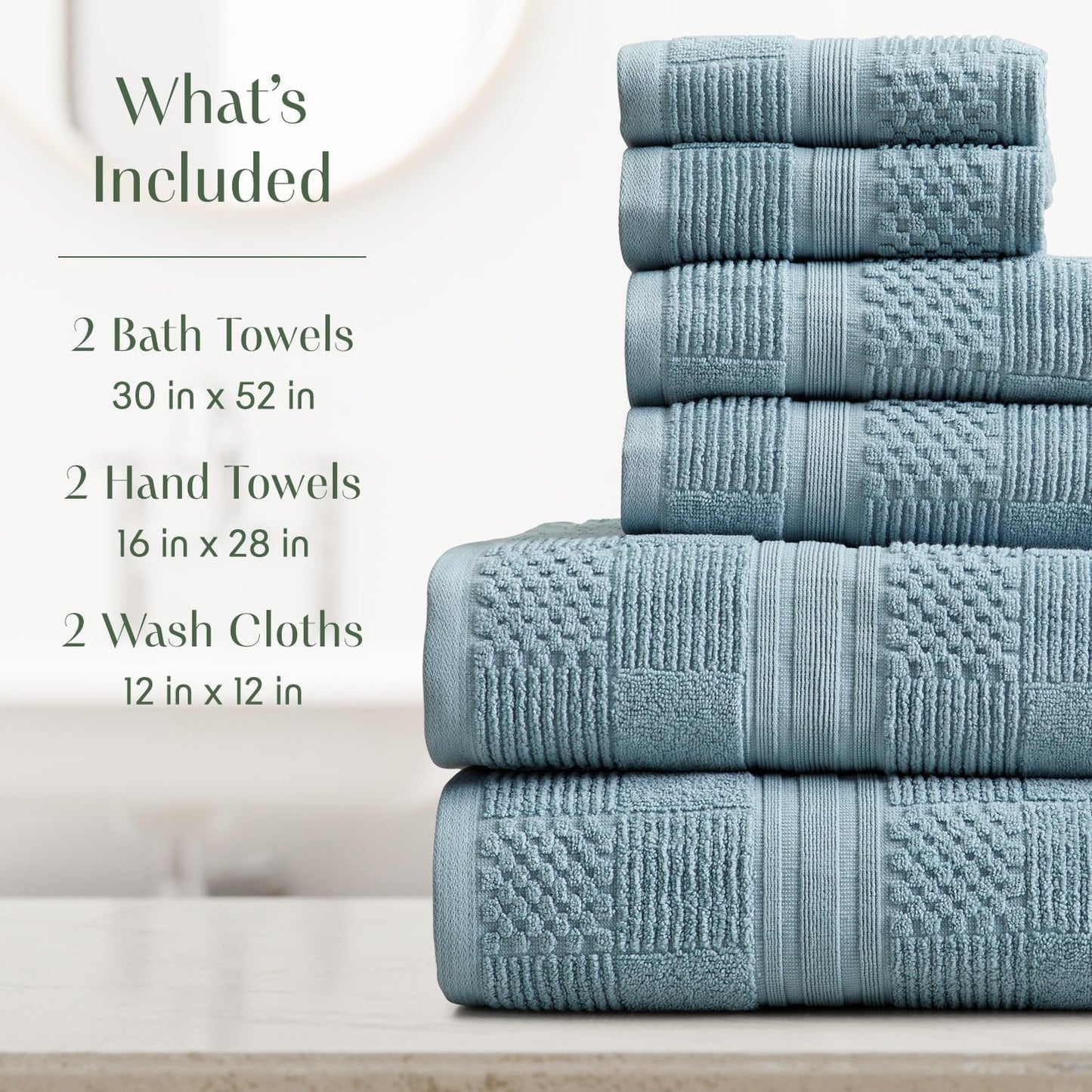 Springtree Home 100% Cotton Bathroom Towel Set | 6 Piece Set - Blue Towels | Geometric Textured Design | Absorbent & Quick-Dry | Oeko-TEX® Standard 100 Cotton | Myla Collection - Arona Blue