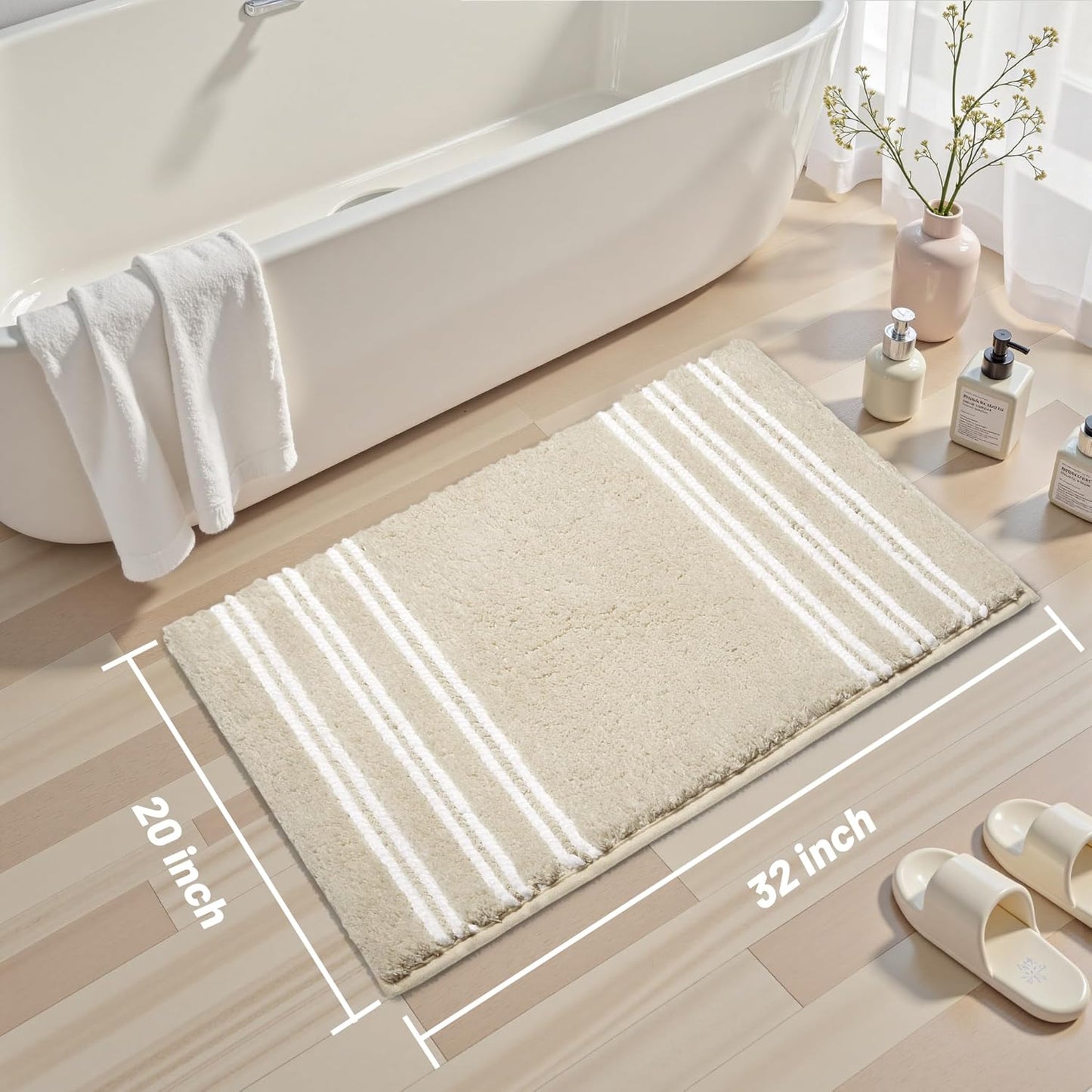 Bathroom Rugs 20x32 Extra Soft Absorbent Bath Mat Chenille Non Slip Shower Mat Rubber Backing Machine Washable Bath Mats for Bathroom Shaggy Khaki Bath Rugs for Tub, Hallway